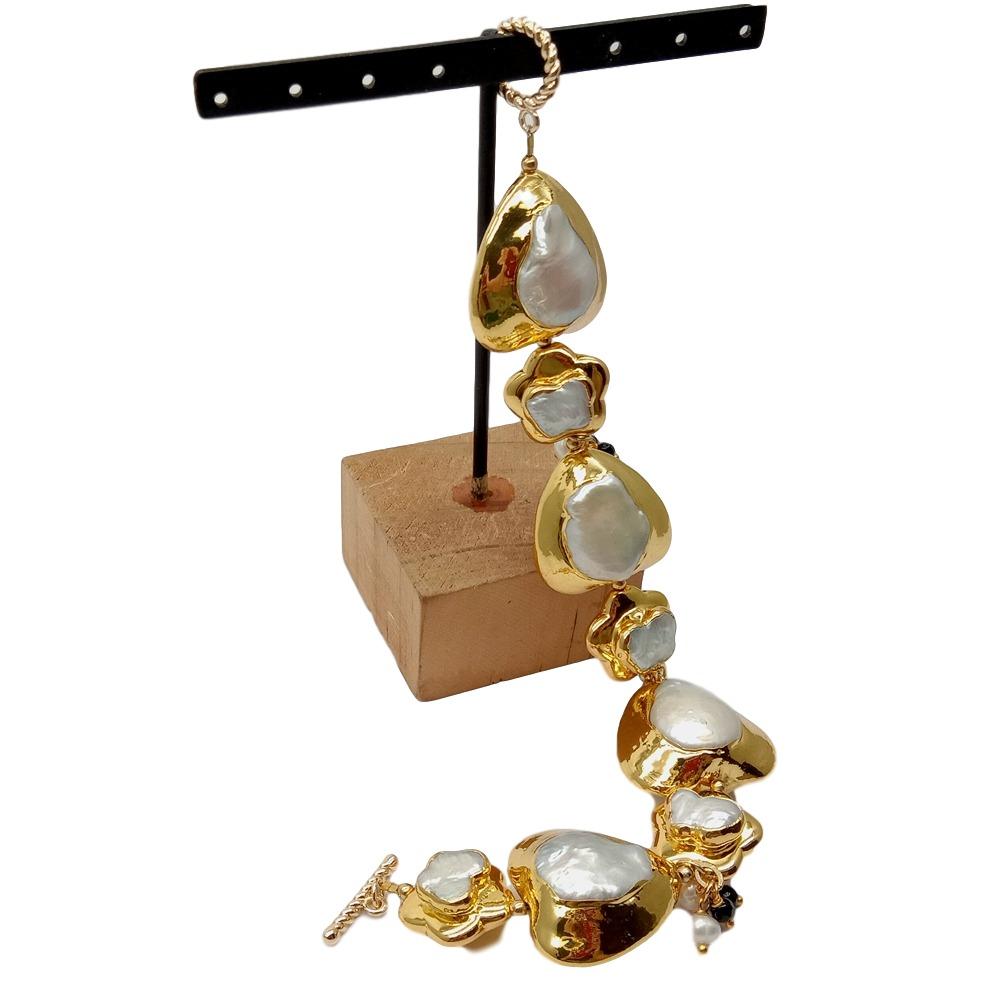 Toggle Clasp Gold - YYGEM Pulsera de perlas Keshi blancas
